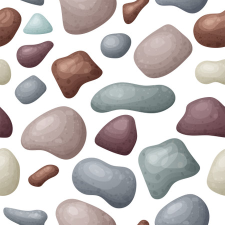 Smooth pebble stone seamless pattern. Gravel cobblestone texture background. Garden walkway landscape. vector floor illustrationのイラスト素材