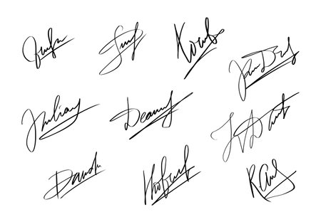 Handwriting Autograph set. Personal fictitious signature calligraphy lettering. Scrawl imaginary name for document. Vector illustration on white background.のイラスト素材