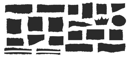 Jagged edge rectangle shapes, frames. Torn paper cut piece collection, isolated grunge border. Ripped strips set vector background illustration.のイラスト素材