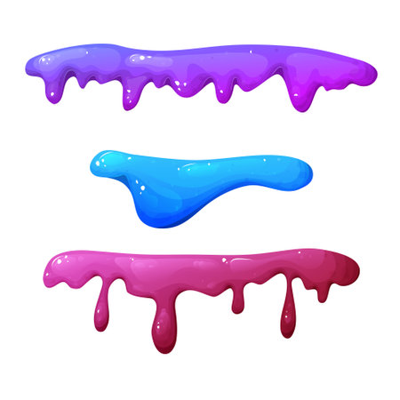 Splat slime mucus. Sticky liquid goo spots and blobs. Colorful jelly cartoon snot and smudges. Vector illustration isolated on white backgroundのイラスト素材