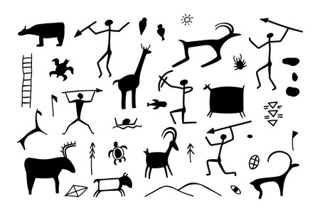 Cave silhouettes of early humans, accompanied by horses, deer, and bulls, captured in the style of ancient rock paintings. Prehistoric drawing on walls, ancient symbols in vector illustrationのイラスト素材