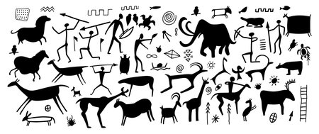Cave painting on stone, ancient wall of prehistoric humans, animals, weapons. Primitive men and woman of tribe silhouette illustration. Vector caveman art backgroundのイラスト素材
