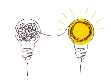 Solution concept of chaos in thoughts with hanging light bulbs with one glowing. Complex problem solving process in hand drawn style. Vector illustrationのイラスト素材
