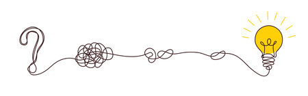 Solution concept of chaos in thoughts with hanging light bulbs with one glowing. Complex problem solving process in hand drawn style. Vector illustrationのイラスト素材