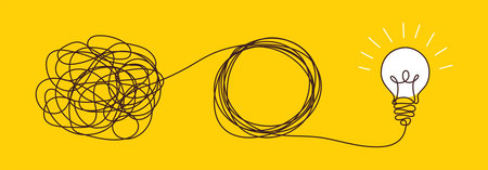 Solution concept of chaos in thoughts with hanging light bulbs with one glowing. Complex problem...