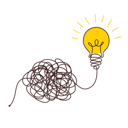 Confusion clarity or path concept idea with lightbulbs. Journey of tangled wires leading to a bright bulb. Business solutions searching. Vector illustrationのイラスト素材