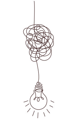 Solution concept of chaos in thoughts with hanging light bulbs with one glowing. Complex problem solving process in hand drawn style. Vector illustrationのイラスト素材