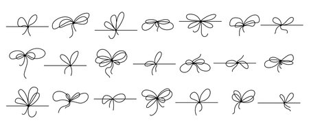 Simple hand-drawn gift ribbon bow with a neat knot in minimal outline style. Thin line vector icon set in clean doodle style. Perfect for present boxes, cards, and design elementsのイラスト素材