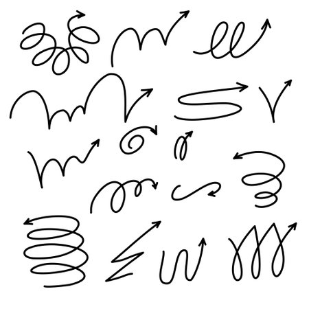 Motion bounce arrow set, hand drawn line design spiral. Expressive jump effect. Includes ball motion paths for sports. Vector illustration isolatedのイラスト素材