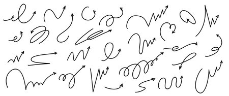 Motion bounce arrow set, hand drawn line design spiral. Expressive jump effect. Includes ball motion paths for sports. Vector illustration isolatedのイラスト素材