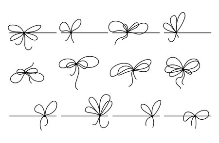 Simple hand-drawn gift ribbon bow with a neat knot in minimal outline style. Thin line vector icon set in clean doodle style. Perfect for present boxes, cards, and design elementsのイラスト素材