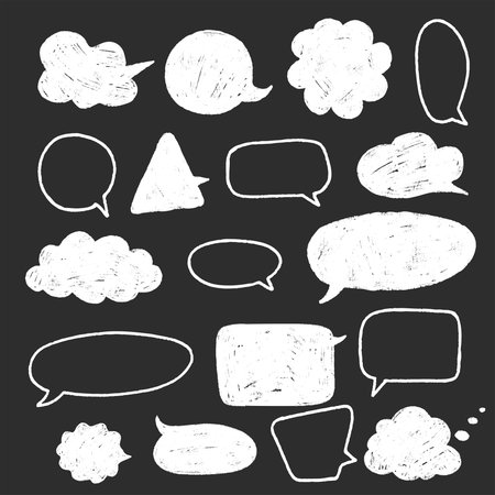 Playful crayon speech dialog text frames. Hand sketched Chalkboard box bubbles. Abstract chat Stickers and pencil clouds. Vector illustrationのイラスト素材