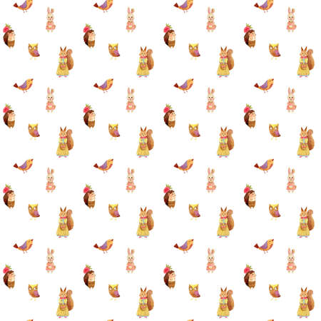 Watercolor cute cartoon animals texture (background, seamless pattern, backdrop) - fox, squirrel, hedgehog, owl, bird.の写真素材