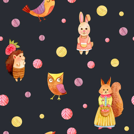 Watercolor cute cartoon animals texture (background, seamless pattern, backdrop) - fox, squirrel, hedgehog, owl, bird.の写真素材