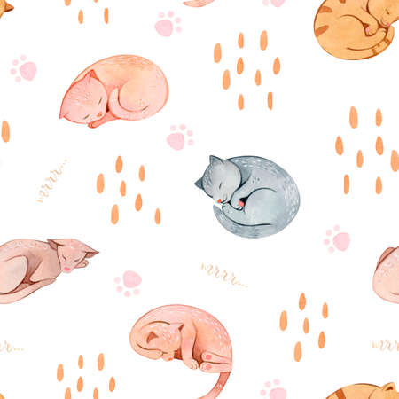 Hand painted watercolor seamless pattern with sleeping cats and pawsの写真素材