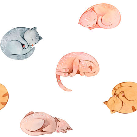 Hand painted watercolor cartoon cats and kittens patternsの写真素材