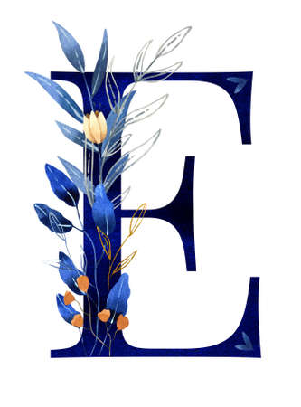 Watercolor floral monogram, letter e - classic blue decorated with goldの写真素材