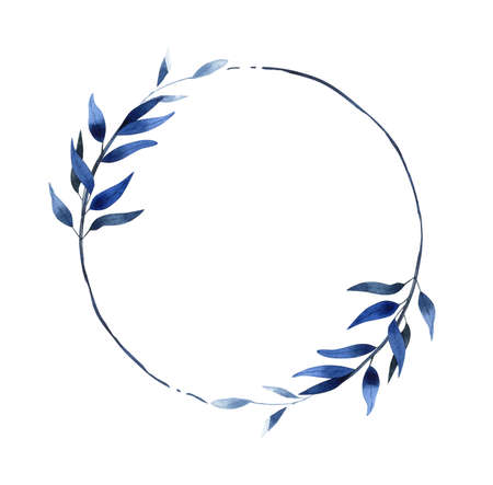 Wreath - hand painted watercolor illustration in deep blue and gold shades. Flowers, brunches and leaves.の写真素材