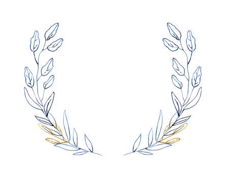 Wreath - hand painted watercolor illustration in deep blue and gold shades. Flowers, brunches and...