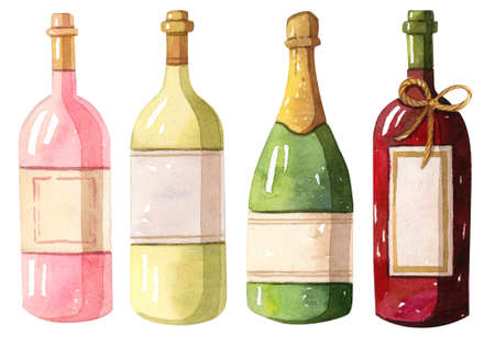 Watercolor illustration - Wine bottles - red, white, roseの写真素材