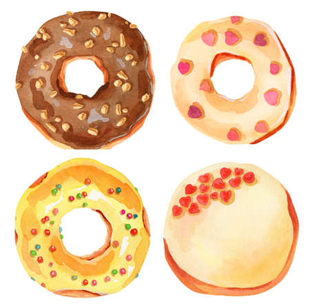 Set of watercolor donut illustrations. Pink, green, white toppings. Watercolor illustration isolated on white background. Glazed donuts.の写真素材