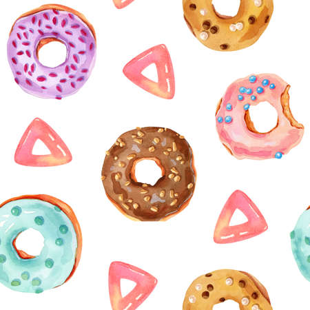 Hand painted bright watercolor donuts seamless patternの写真素材