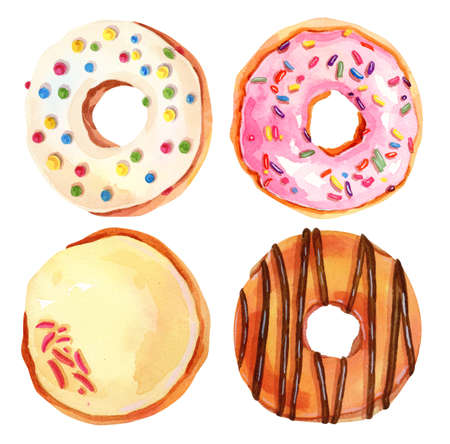 Set of watercolor donut illustrations. Pink, green, white toppingsの写真素材