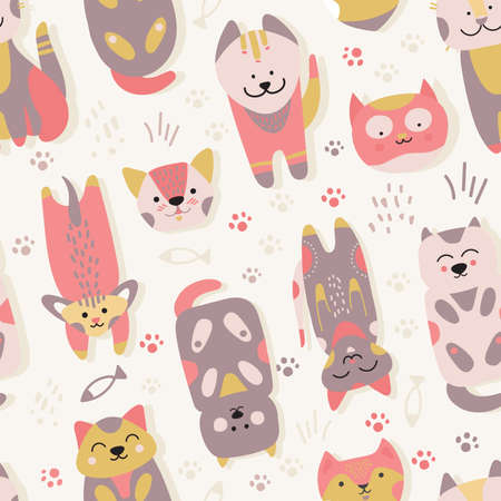 Cats - kitty - seamless, surface pattern with cute cartoons.の写真素材