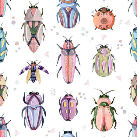 Watercolor hand painted cartoon bugs, beetles, insects seamless patternの写真素材