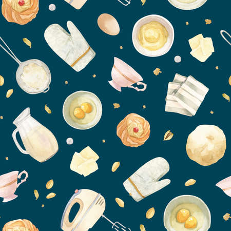 eamless pattern - cooking, baking equipment - milk pot, eggs, tea towel, sieve with flour,の写真素材