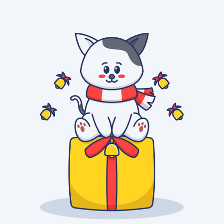 Cute cat sitting on gift box illustrationのイラスト素材