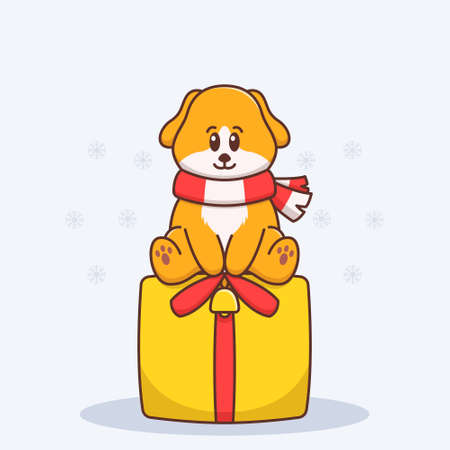 Cute dog sitting on gift box illustrationのイラスト素材