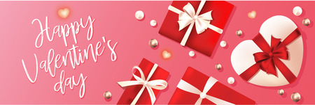 Happy Valentine's day banner with realistic 3D heart shaped boxes, pearls and lights