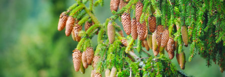 Close-up of a young green pine tree branch with cones. Panoramic image, abstract natural pattern,...
