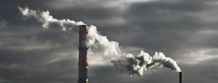 Panoramic view of the large central heating station in dramatic light. Pipe close-up. Ecology,...
