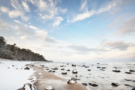 A view of the snow-covered Baltic sea coast at sunset. Stones in the water close-up. Coniferous forest in the background. Stunning cloudscape. Warm evening light. Kaltene, Latviaの写真素材