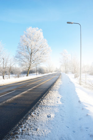 An empty asphalt road after cleaning. Street lanterns close-up. Car tracks in a fresh snow. Snow-covered birch forest in the background. Clear blue sky. Winter driving in Finland. Global warming themeの写真素材
