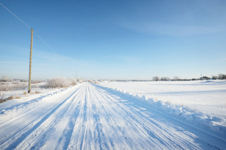 Snow-covered single lane rural road through the fields on a sunny day. Finland. Clear blue sky. Deciduous and evergreen trees in hoarfrost in the background. Idyllic winter landscapeの写真素材