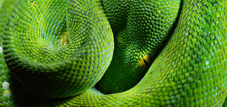A body of the green tree python Morelia viridis close-up. Portrait art. Snake skin, natural texture,...