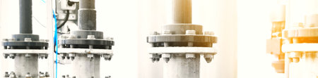 Large industrial water treatment and boiler room. Shiny steel metal pipes, blue pumps, valves....