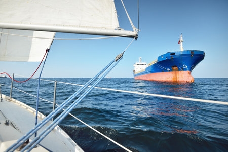 Large blue cargo ship anchored in Strait of Gibraltar. A view from the yacht, white sails close-up. Summer Atlantic sailing near Spain and Africa. Clear blue skyの写真素材