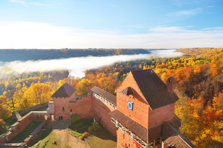 Aerial view of the Turaida castle tower in a clouds of morning fog at sunrise. Colorful red, orange and yellow trees of the autumn forest. Gauja national park, Latvia. Travel guide, sightseeingの写真素材