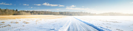 Dramatic blue sky with cumulus clouds above the snow-covered country road, agricultural field and forest after a blizzard. Winter rural landscape. Climate change, global warming theme. Panoramic viewの写真素材