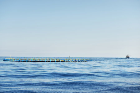 Fish farm in an open Mediterranean sea, fishing boat (small ship) close-up, Spain. Food industry, traditional craft and alternative production, environmental damage and conservationの写真素材