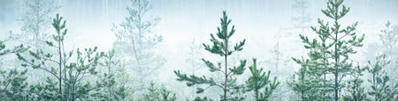 Evergreen forest in a white fog. Pine and fir trees close-up. Picturesque panoramic scenery. Atmospheric landscape. Pure nature, ecology, environmental conservation, eco tourismの写真素材