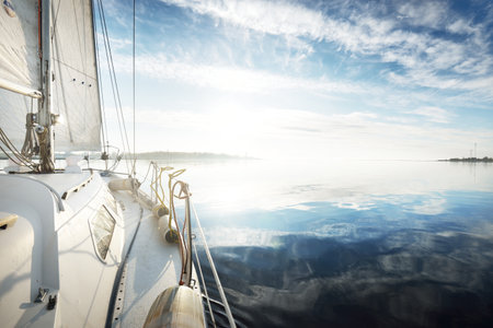 White yacht sailing after the rain. Close-up view from the deck to the bow. Clear blue sky and...