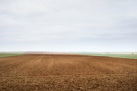 Panoramic scenery of the plowed agricultural field. Dramatic sky. France, Europe. Autumn, seasons,...
