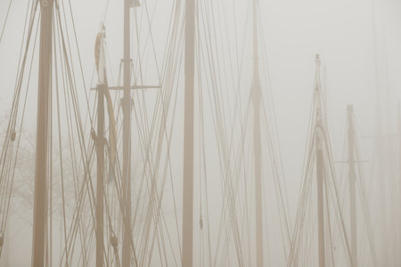 Elegant and modern yachts, sailing and fishing boats moored ti a pier in a fog. Mast silhouettes....