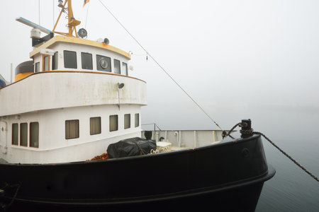 Tug boat moored to a pier, close-up. Heavy morning fog. Kiel, Germany