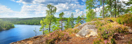Blue Saimaa lake, rocks and pine trees, Finland, aerial view. Picturesque panoramic scenery. Atmospheric landscape. Pure nature, ecology, environmental conservation, eco tourism, travel destinationsの写真素材